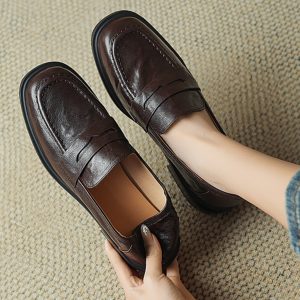 Women's Vintage Round-Toe Chunky-Heeled Loafers, Soft-Soled British Style Slip-On Flats, Retro Lambskin Mid-Heel, Size 41