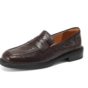 Women's Vintage Round-Toe Chunky-Heeled Loafers, Soft-Soled British Style Slip-On Flats, Retro Lambskin Mid-Heel, Size 41
