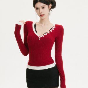 Women's Vintage Slim Fit V-Neck Spliced Thin Knit Sweater - Chic High Design Fashion Top