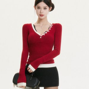 Women's Vintage Slim Fit V-Neck Spliced Thin Knit Sweater - Chic High Design Fashion Top