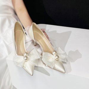 Women's White Pointed Toe Stiletto Heels with Bowknot - Bridal Wedding Shoes, Elegant Design for Bridesmaids