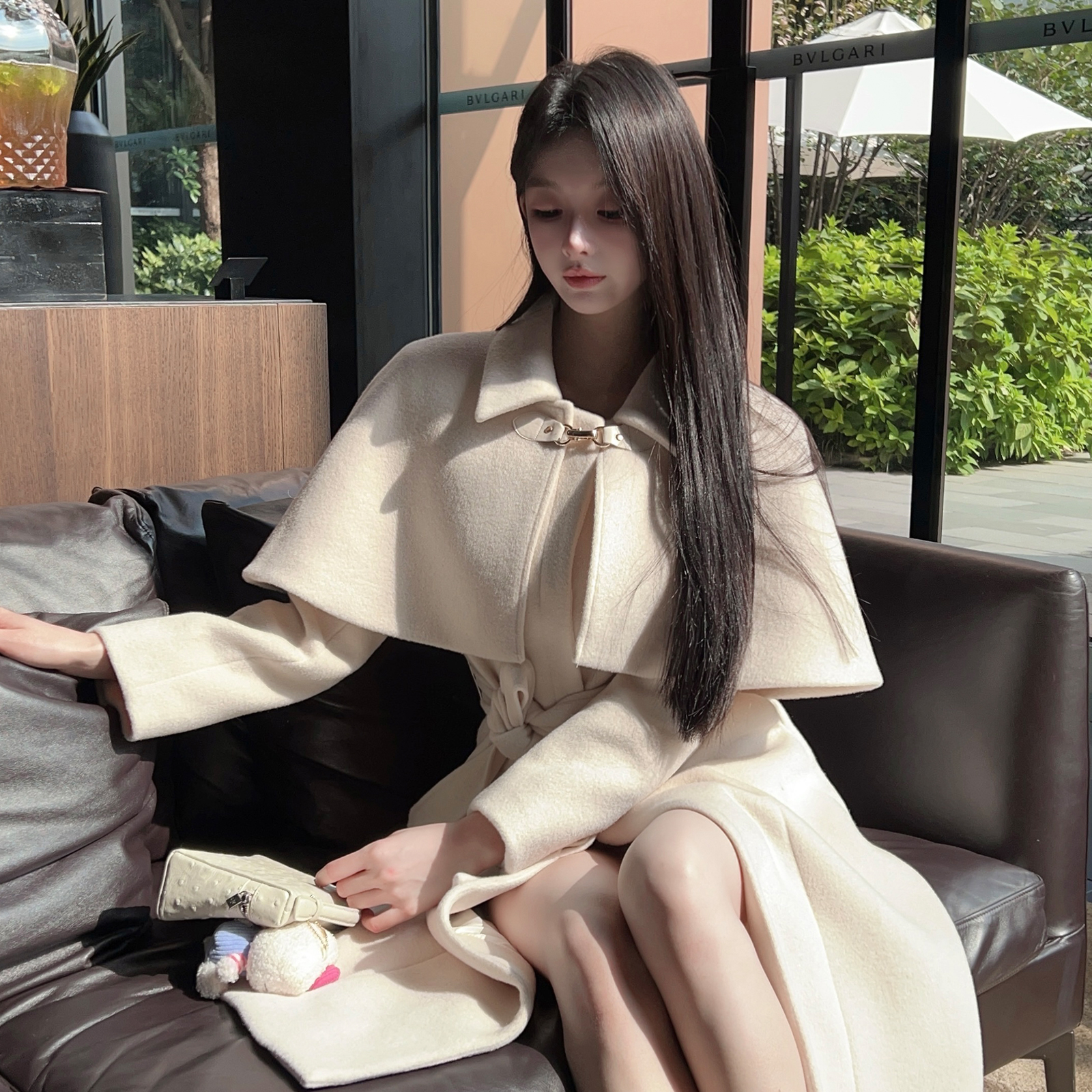 Women's White Woolen Coat Set - Winter Shawl Cape Jacket with Belt - Stylish Two-Piece Outerwear
