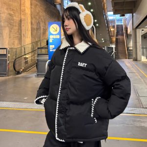 Women's Winter Cotton Jacket - American College Style Shell Embroidery, Spliced Lamb Collar, Thickened Outerwear