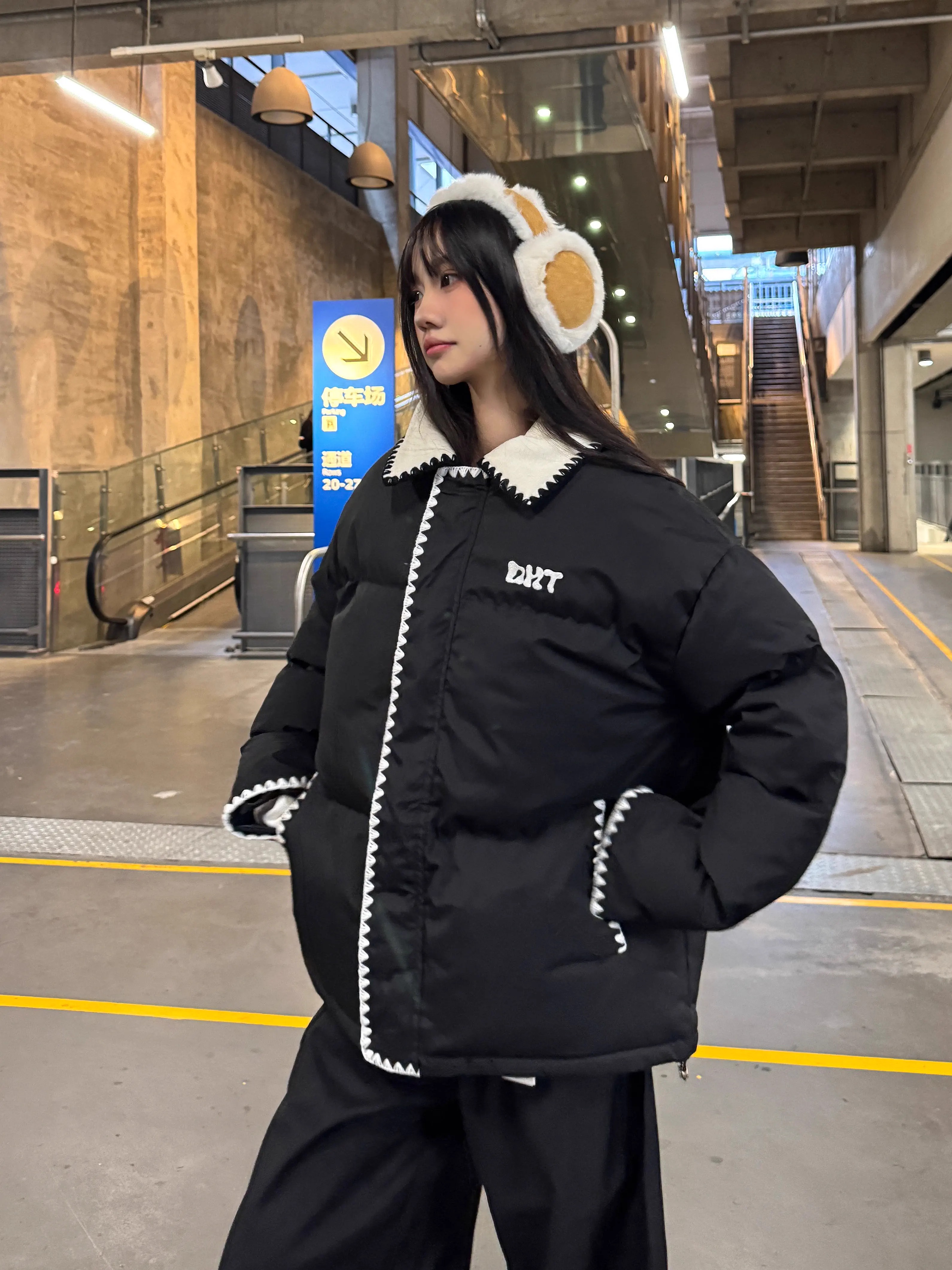 Women's Winter Cotton Jacket - American College Style Shell Embroidery, Spliced Lamb Collar, Thickened Outerwear
