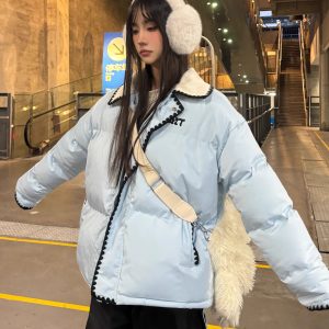 Women's Winter Cotton Jacket - American College Style Shell Embroidery, Spliced Lamb Collar, Thickened Outerwear