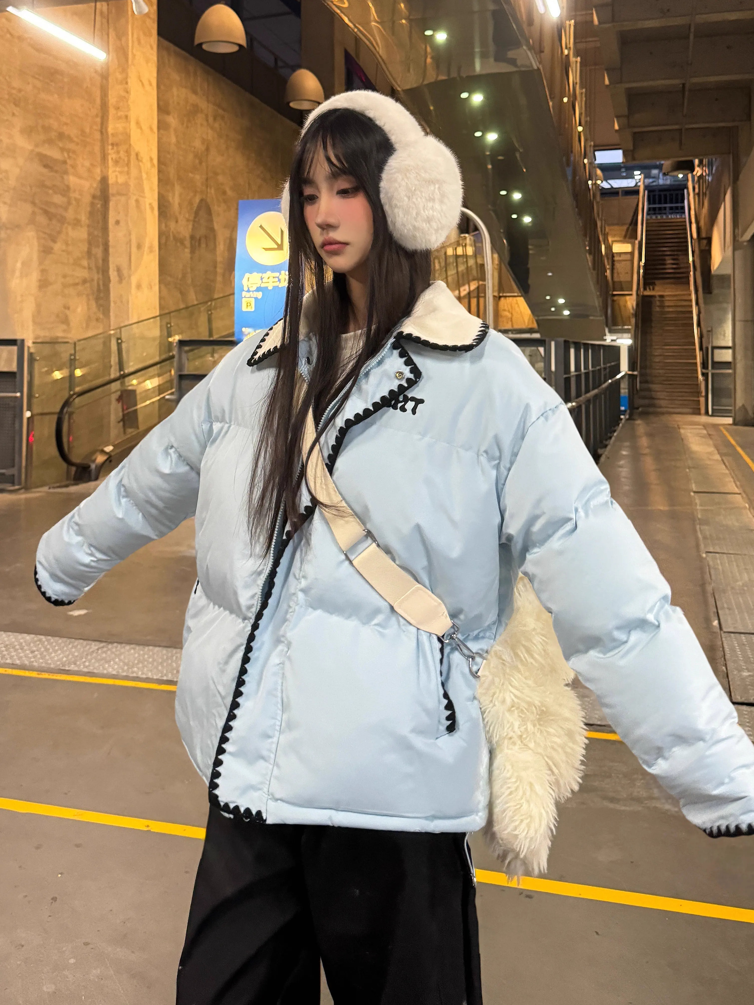 Women's Winter Cotton Jacket - American College Style Shell Embroidery, Spliced Lamb Collar, Thickened Outerwear