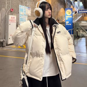 Women's Winter Cotton Jacket - American College Style Shell Embroidery, Spliced Lamb Collar, Thickened Outerwear