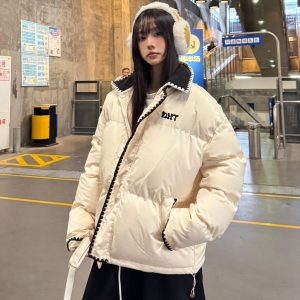 Women's Winter Cotton Jacket - American College Style Shell Embroidery, Spliced Lamb Collar, Thickened Outerwear