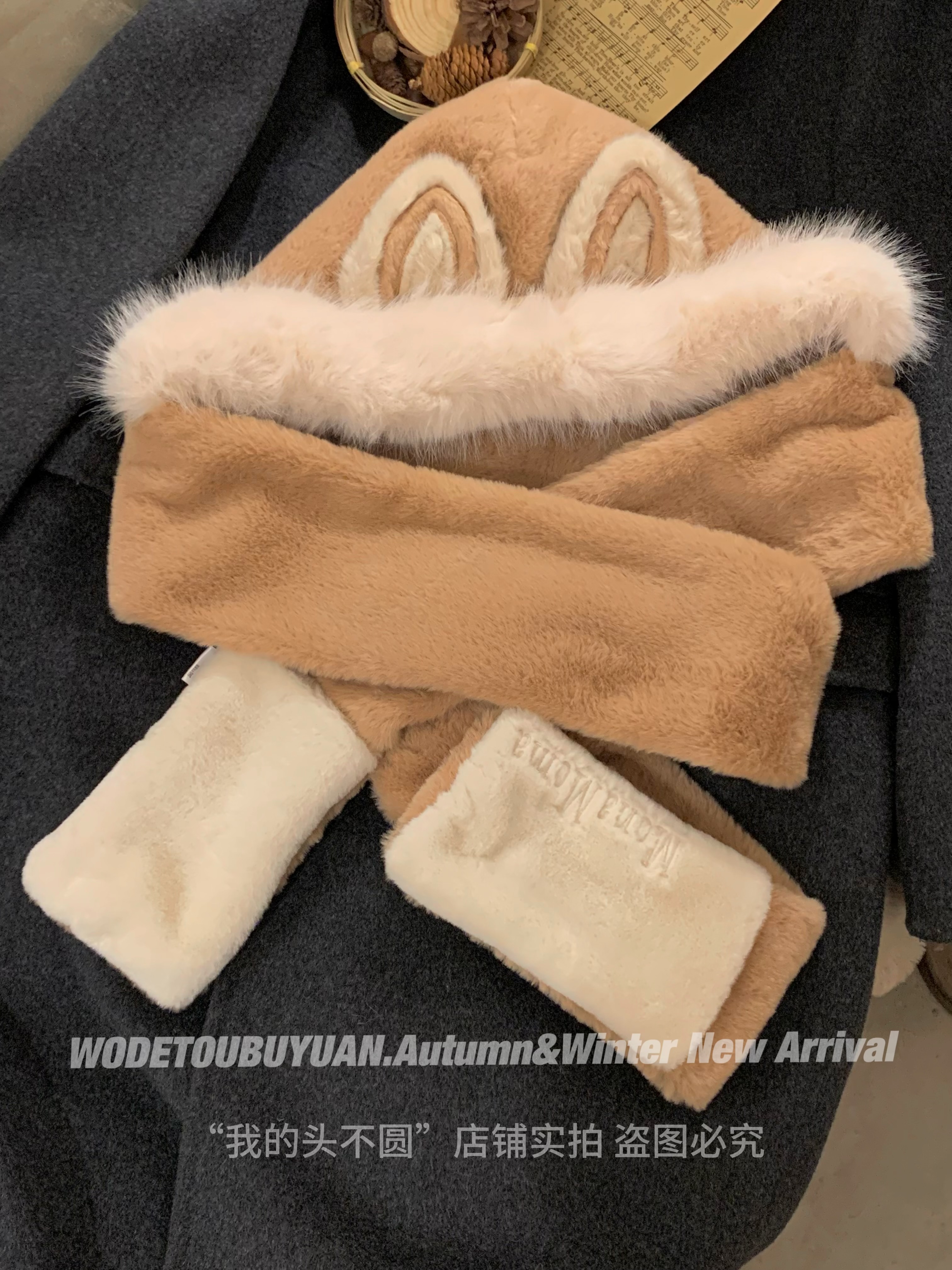 Women's Winter Fox Ear Plush Hat Scarf Integrated Hooded Neck Gaiter - Cute & Warm Winter Accessory