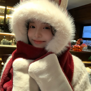 Women's Winter Fox Ear Plush Hat Scarf Integrated Hooded Neck Gaiter - Cute & Warm Winter Accessory