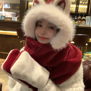 Women's Winter Fox Ear Plush Hat Scarf Integrated Hooded Neck Gaiter - Cute & Warm Winter Accessory