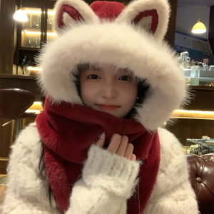 Women's Winter Fox Ear Plush Hat Scarf Integrated Hooded Neck Gaiter - Cute & Warm Winter Accessory
