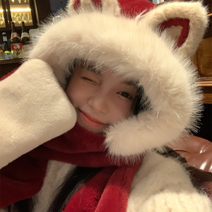 Women's Winter Fox Ear Plush Hat Scarf Integrated Hooded Neck Gaiter - Cute & Warm Winter Accessory