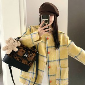 Women's Yellow Plaid Woolen Coat, Fringed Loose Fit Short Overcoat, Thickened Warm Autumn Winter Style for Petite Sizes