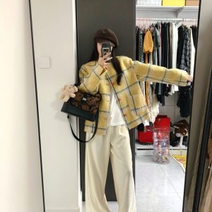 Women's Yellow Plaid Woolen Coat, Fringed Loose Fit Short Overcoat, Thickened Warm Autumn Winter Style for Petite Sizes
