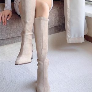 Wood Grain Over-the-Knee High-Heeled Boots for Women - Pointed Toe Chunky Heel Suede - Autumn Winter 2024 Fashion
