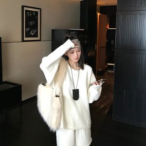 Wool Lazy Style Round Neck Soft Fluffy Rolled Hem Sweater and Knit Shorts Set for Women - Cozy 90s Inspired Loungewear