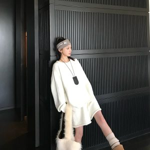 Wool Lazy Style Round Neck Soft Fluffy Rolled Hem Sweater and Knit Shorts Set for Women - Cozy 90s Inspired Loungewear