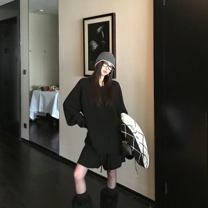 Wool Lazy Style Round Neck Soft Fluffy Rolled Hem Sweater and Knit Shorts Set for Women - Cozy 90s Inspired Loungewear