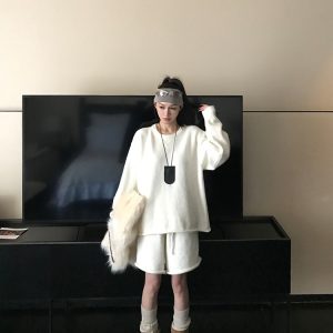 Wool Lazy Style Round Neck Soft Fluffy Rolled Hem Sweater and Knit Shorts Set for Women - Cozy 90s Inspired Loungewear