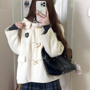 Woolen College Style Hooded Toggle Coat for Women - Casual Loose Fit Pudding Bear JK Uniform Inspired Winter Outerwear