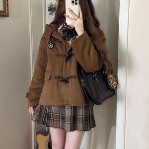 Woolen College Style Hooded Toggle Coat for Women - Casual Loose Fit Pudding Bear JK Uniform Inspired Winter Outerwear