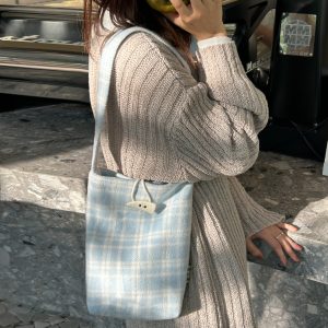 Woolen Plaid Bucket Bag - Versatile Shoulder Tote with Healing Fresh Atmosphere, Stylish Accessory for Any Occasion