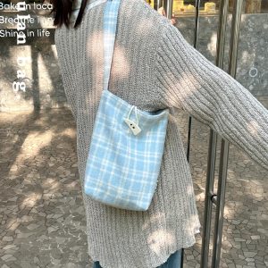 Woolen Plaid Bucket Bag - Versatile Shoulder Tote with Healing Fresh Atmosphere, Stylish Accessory for Any Occasion