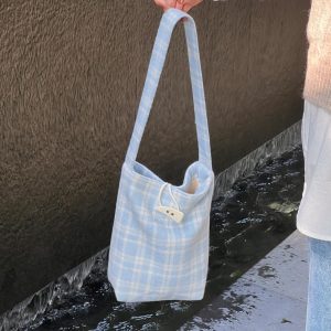 Woolen Plaid Bucket Bag - Versatile Shoulder Tote with Healing Fresh Atmosphere, Stylish Accessory for Any Occasion