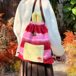 Woolen Striped Texture Double Shoulder Backpack for Women - Autumn Winter Niche Book Bag, Trendy and Stylish