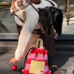 Woolen Striped Texture Double Shoulder Backpack for Women - Autumn Winter Niche Book Bag, Trendy and Stylish