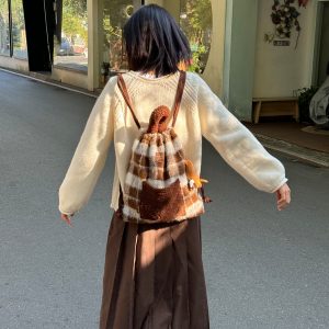 Woolen Striped Texture Double Shoulder Backpack for Women - Autumn Winter Niche Book Bag, Trendy and Stylish