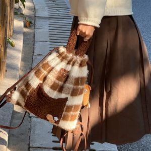 Woolen Striped Texture Double Shoulder Backpack for Women - Autumn Winter Niche Book Bag, Trendy and Stylish