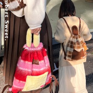 Woolen Striped Texture Double Shoulder Backpack for Women - Autumn Winter Niche Book Bag, Trendy and Stylish