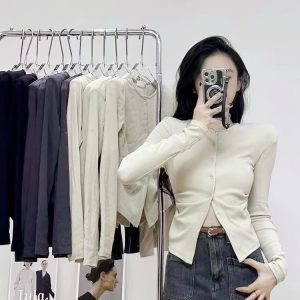 Wrinkled Split Long Sleeve T-Shirt for Women - Slim Fit Flattering Irregular Chic Top - Trendy Fashion Essential