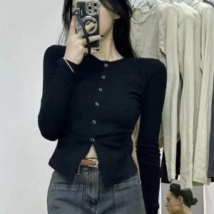Wrinkled Split Long Sleeve T-Shirt for Women - Slim Fit Flattering Irregular Chic Top - Trendy Fashion Essential