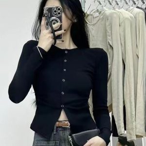 Wrinkled Split Long Sleeve T-Shirt for Women - Slim Fit Flattering Irregular Chic Top - Trendy Fashion Essential