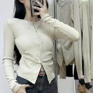 Wrinkled Split Long Sleeve T-Shirt for Women - Slim Fit Flattering Irregular Chic Top - Trendy Fashion Essential