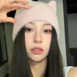 Y2K Fluffy Cat Ear Knitted Hat - Cute Playful Plush Korean Style Warm Accessory