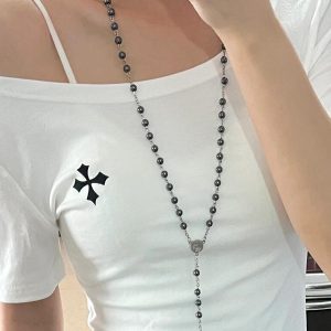 Y2K Gothic Cross Necklace Hoodie with Black Stone Chain – Sweet Cool Hot Girl Long Sweater Accessory for Subculture Style