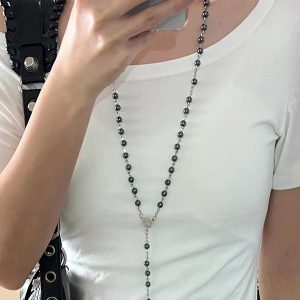Y2K Gothic Cross Necklace Hoodie with Black Stone Chain – Sweet Cool Hot Girl Long Sweater Accessory for Subculture Style
