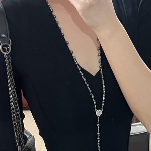 Y2K Gothic Cross Necklace Hoodie with Black Stone Chain – Sweet Cool Hot Girl Long Sweater Accessory for Subculture Style