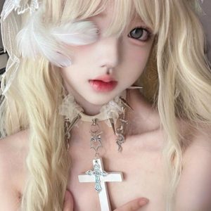 Y2K Heavy Metal Rivet Choker Necklace with Crossbone Pendant - Gothic Lolita Accessory for Cool Girls