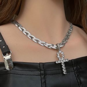 Y2K Minimalist Stainless Steel Woven Cross Necklace for Women - Non-Fading Titanium Steel Clavicle Chain, Trendy Men's Accessory