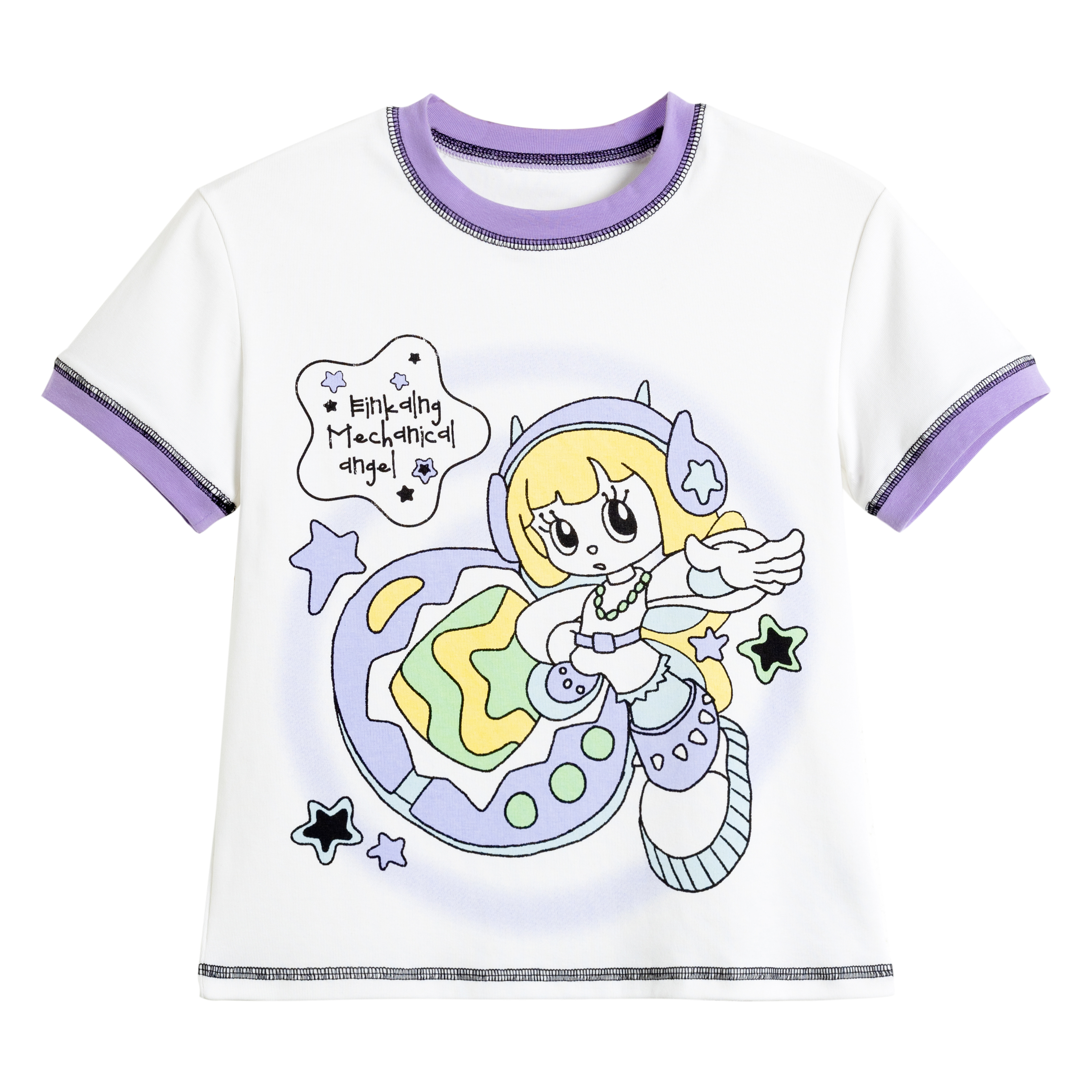 Y2K Retro Cartoon Print Short-Sleeve Fitted T-Shirt for Women, Color-Blocking Summer Style in Lightweight Fabric
