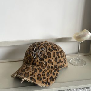 Y2K Retro Leopard Print Bow Flat-Brim Hat for Sun Protection - Versatile Casual Baseball Cap with Face-Enhancing Design