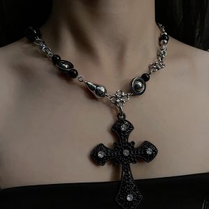 Y2K Spicy Girl Beaded Choker Necklace for Women, Punk European American Style with Cross Accessory, Trendy Niche Design