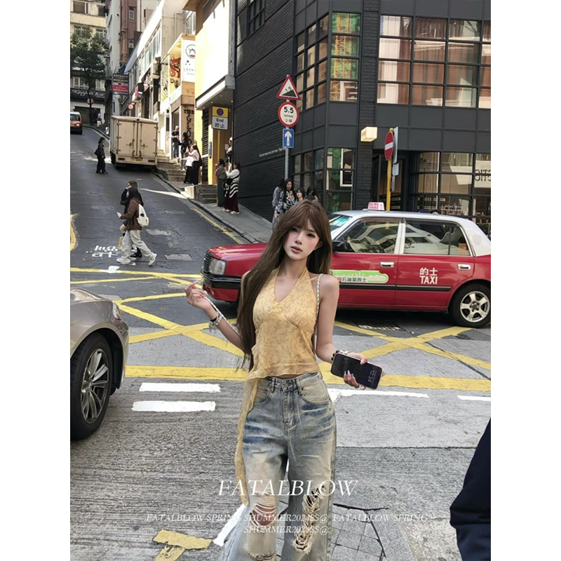 Yellow Floral Backless V-Neck Halter Tank Top for Women - Summer Irregular Design, Slim Fit Sleeveless Trendy Top