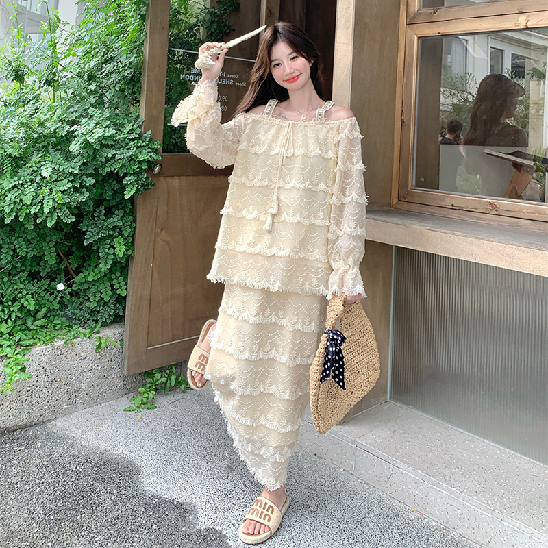 Yellow French Unique Two-Piece Dress Set for Women - One-Shoulder Long Sleeve Top & Skirt - Summer 2025 Fashion