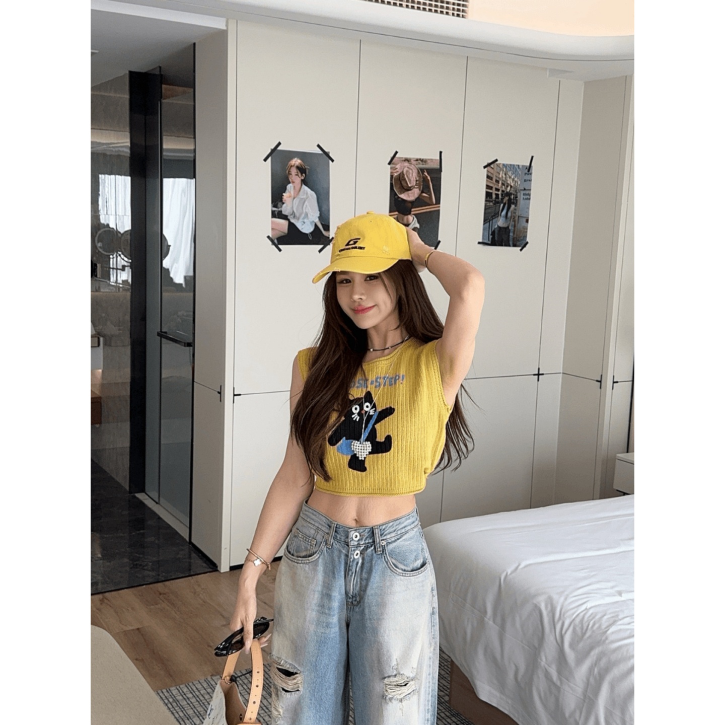 Yellow Knitted Cropped Vest for Women - Spicy Girl Print, Slim Fit, Sleeveless Summer Top, American Style